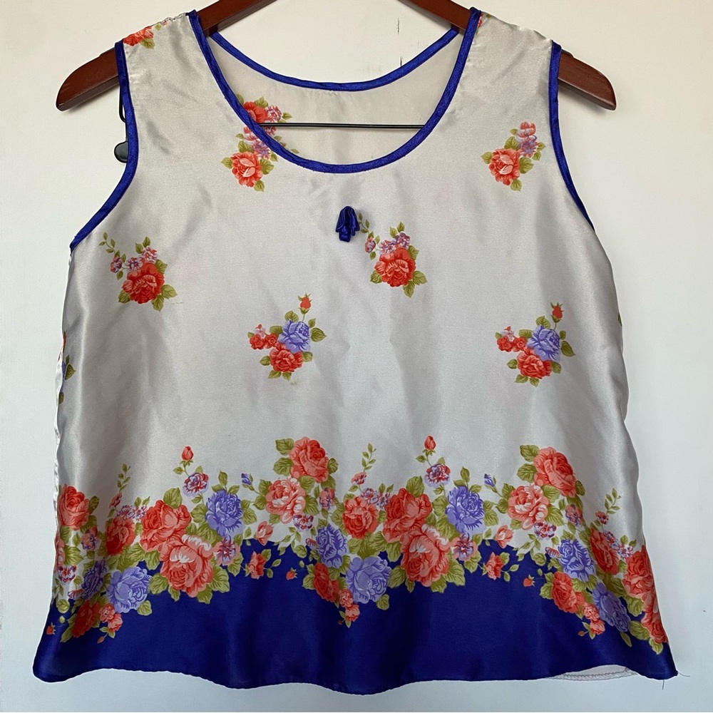 Handmade Vintage Satin Feel Blue Orange Floral Rose Tank Top - OneSize - C48